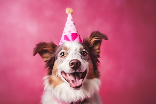 Um cachorro border collie usando um chapéu de aniversário rosa