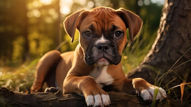 um cachorro boxer está deitado em um tronco na floresta.