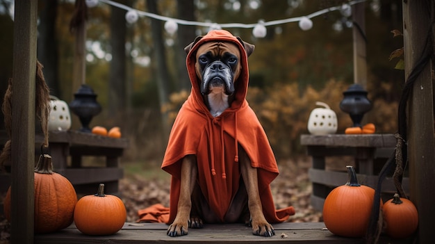 Foto um cachorro boxer fantasiado de halloween no jardim