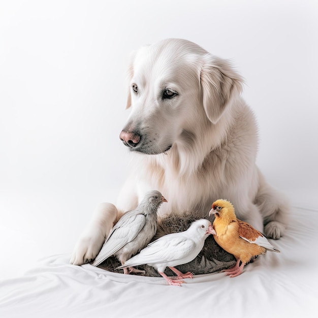 Um cachorro branco com alguns pássaros