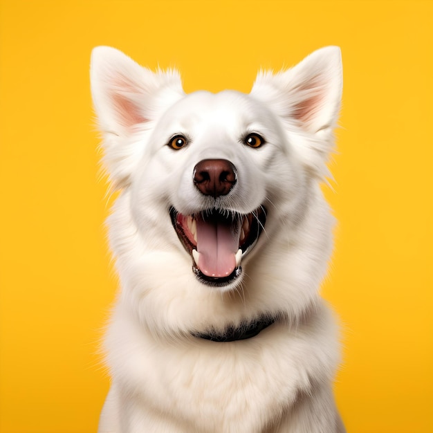 Um cachorro branco com coleira preta e coleira preta está sentado em frente a um fundo amarelo.