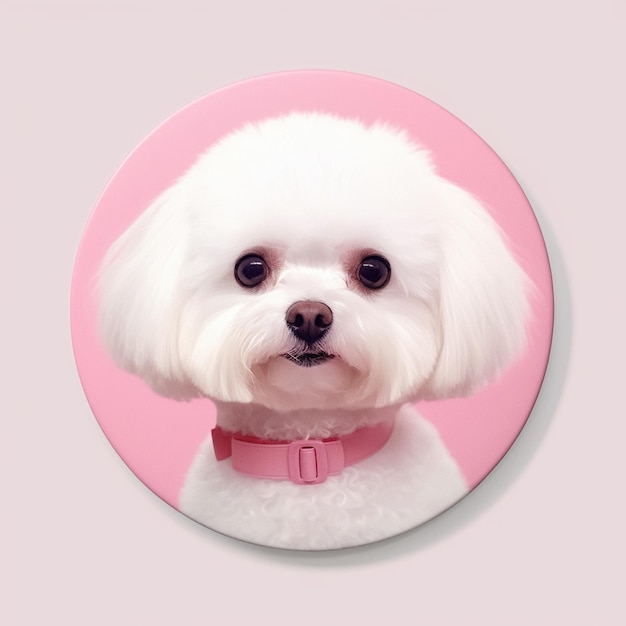 Foto um cachorro branco com coleira rosa e coleira rosa