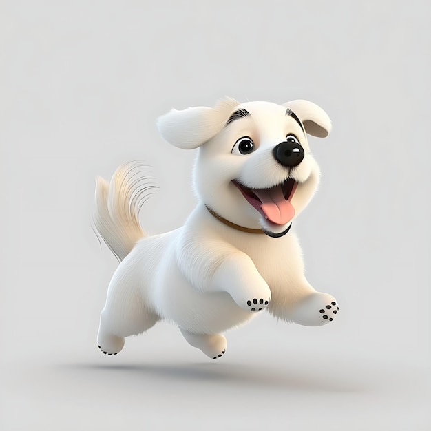 Foto um cachorro branco com nariz preto e nariz preto está correndo.