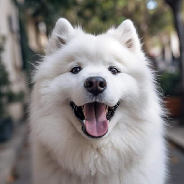 Um cachorro branco com olhos pretos e língua rosa.