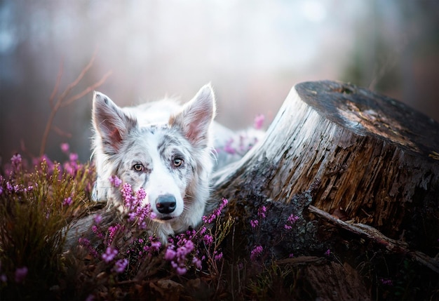 Um cachorro branco com olhos tristes está perto de um toco na floresta.