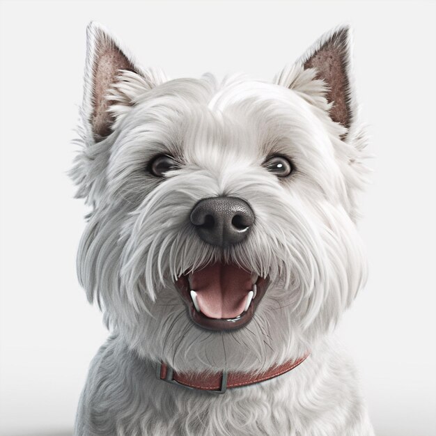 Um cachorro branco com uma coleira vermelha que diz West Highland Terrier.