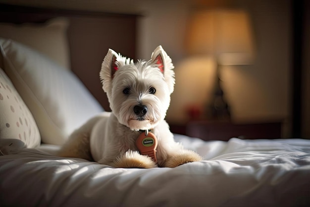 Um cachorro branco com uma etiqueta que diz West Highland Terrier.