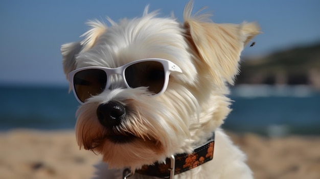 Um cachorro branco usando óculos escuros na praia