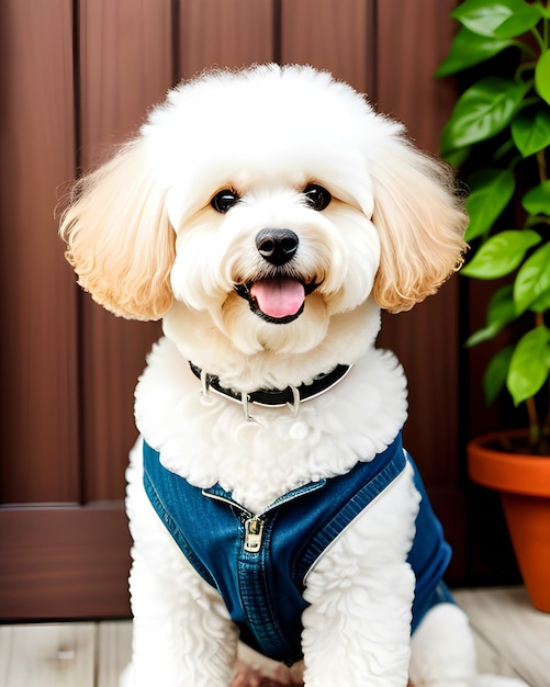 Foto um cachorro branco vestindo uma camisa azul com uma coleira que diz poodle