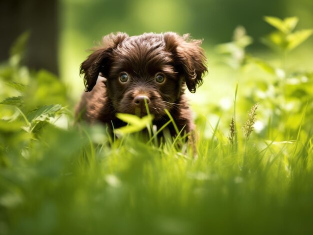 Um cachorro brincalhão a perseguir a cauda num parque verde exuberante.