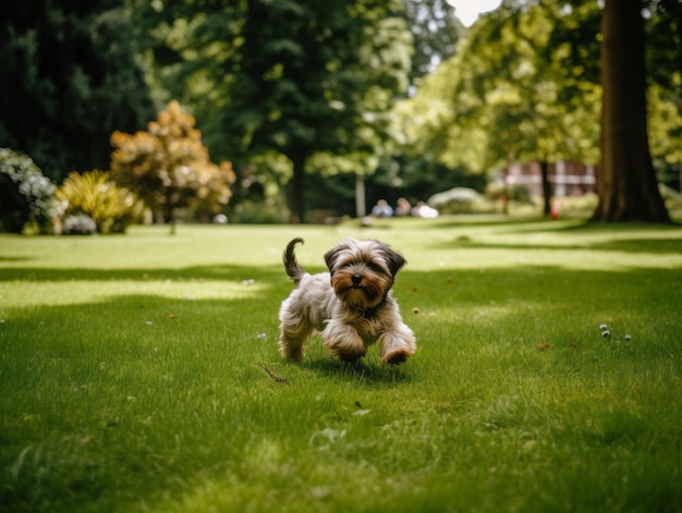 Foto um cachorro brincalhão a perseguir a cauda num parque verde exuberante.