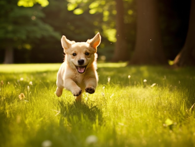 Um cachorro brincalhão a perseguir a cauda num parque verde exuberante.