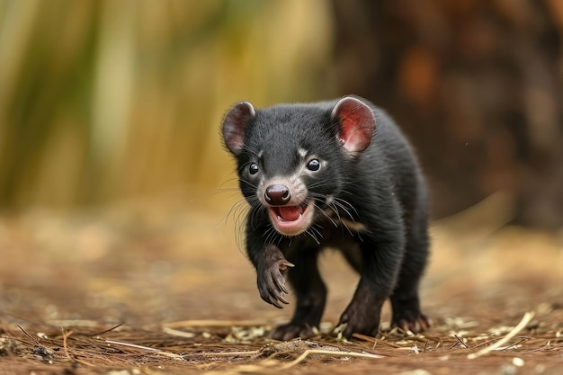 Foto um cachorro brincalhão do diabo da tasmânia num momento de exuberância juvenil