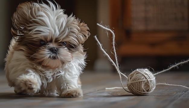 um cachorro brincando com uma bola de fio no chão