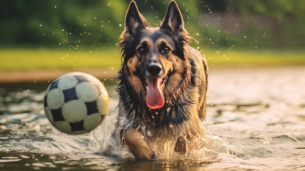 um cachorro brincando com uma bola na água