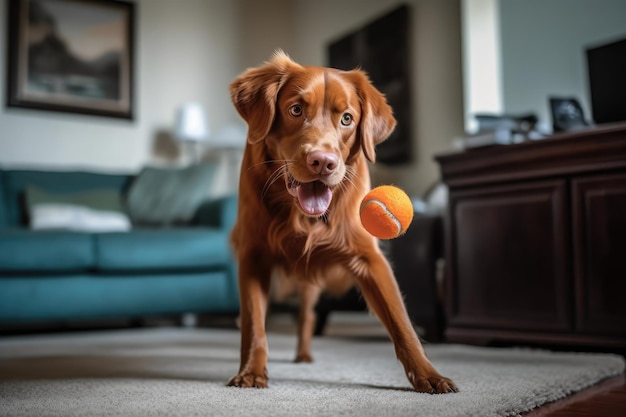 Um cachorro brincando de buscar sua bola favorita na sala de estar criado com IA generativa