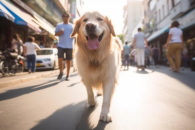 Um cachorro caminha por uma rua com um homem andando atrás dele