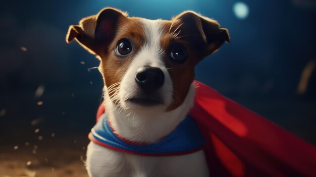 Foto um cachorro chamado super-homem está vestindo uma capa e uma capa.