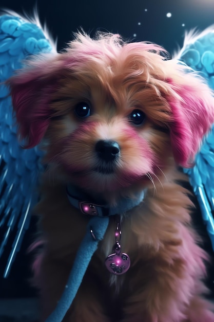 Um cachorro com cabelo rosa e um coração roxo no rosto.