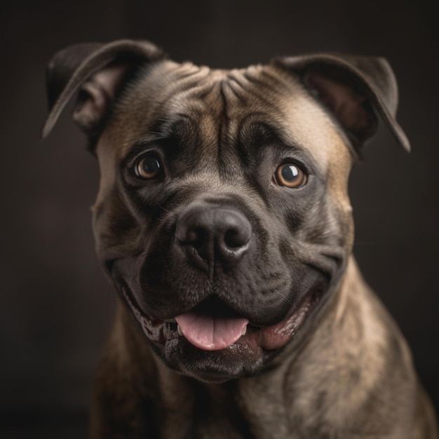 Um cachorro com cara preta e nariz marrom