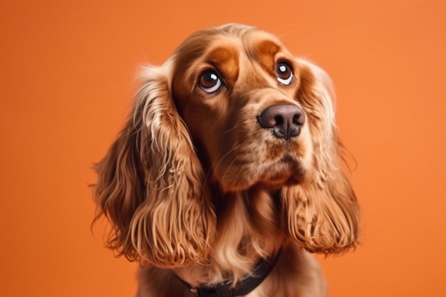 Um cachorro com coleira ao olhar para cima