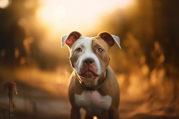 Um cachorro com coleira e coleira fica ao sol