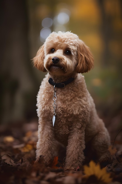 Um cachorro com coleira e etiqueta senta-se na floresta.