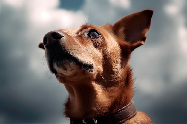 Um cachorro com coleira marrom e coleira marrom olha para o céu.