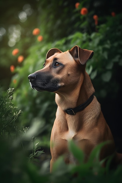 Um cachorro com coleira preta está sentado em um jardim.