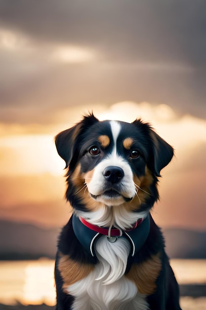 Um cachorro com coleira vermelha senta-se em uma pedra em frente ao pôr do sol.