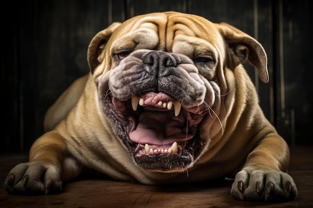 Um cachorro com dentes grandes e afiados está deitado no chão de madeira.