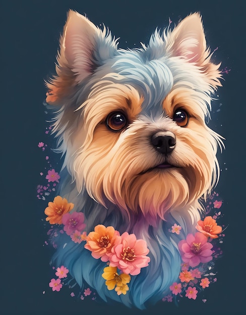 um cachorro com flores e uma citação pessoal.