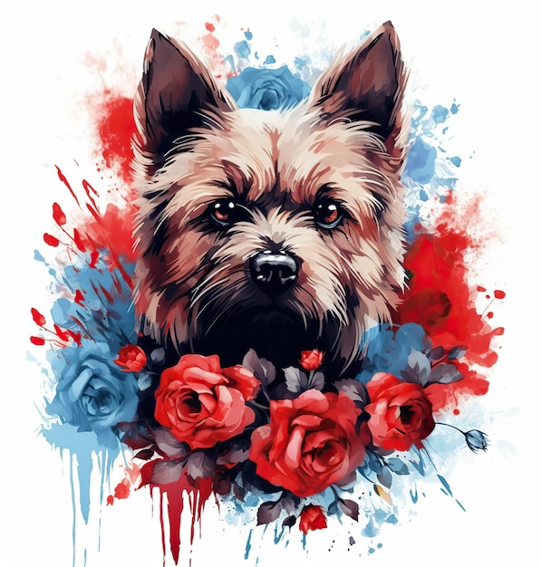 Um cachorro com flores e uma placa que diz "o cachorro é um terrier".