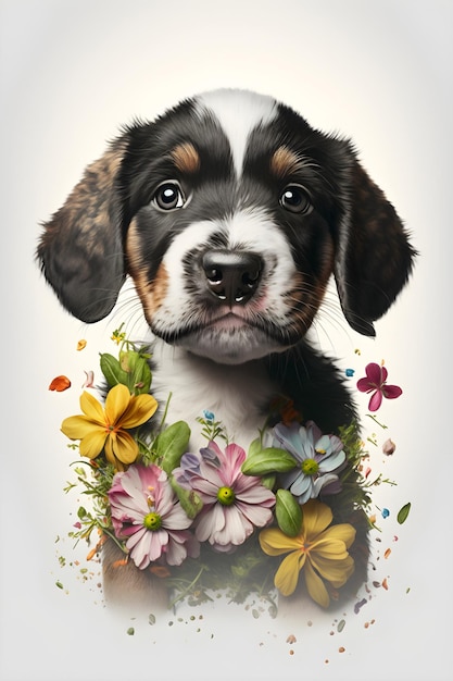 Um cachorro com flores nele