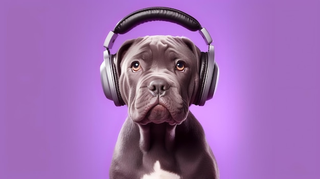 Um cachorro com fones de ouvido e um fundo roxo