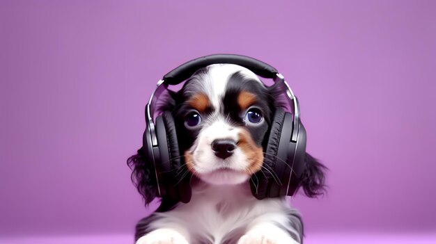 Um cachorro com fones de ouvido e um fundo roxo