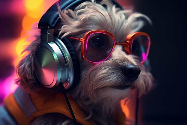 Um cachorro com fones de ouvido neon no estilo de robôs futuristas