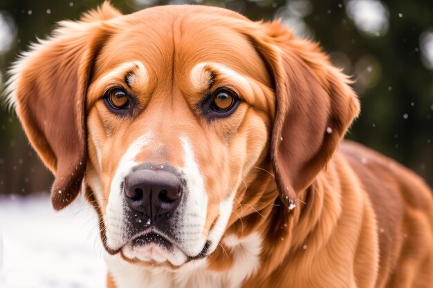 Um cachorro com nariz branco e nariz marrom está olhando para a câmera.