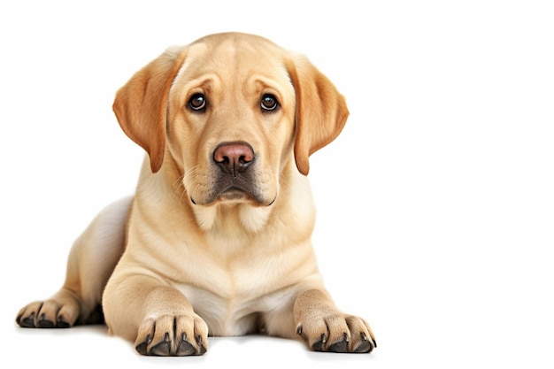 um cachorro com nariz marrom deitado sobre um fundo branco.