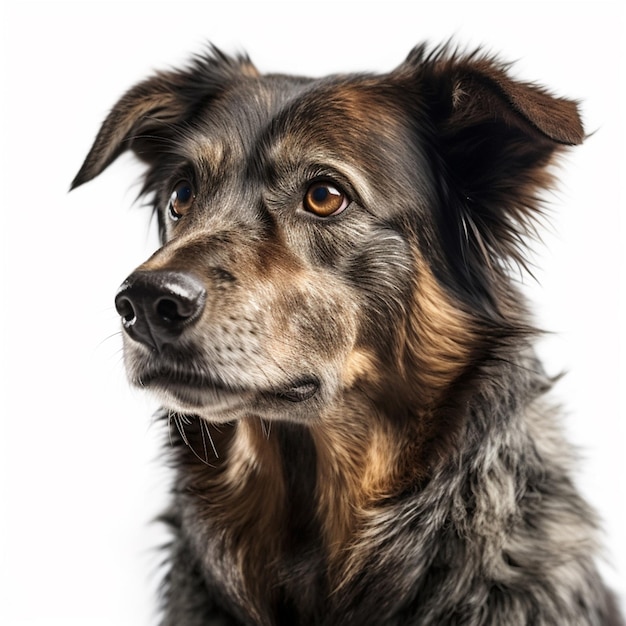 Um cachorro com nariz preto e olhos castanhos está olhando para a câmera.