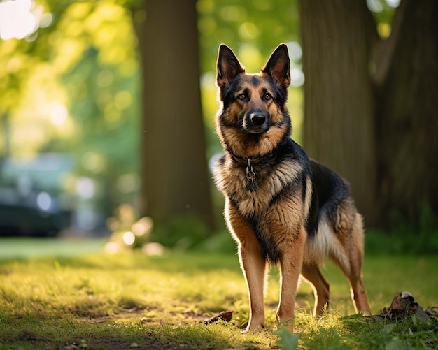 um cachorro com nariz preto fica na grama em frente a uma árvore