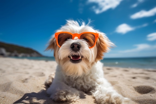 Um cachorro com óculos de sol descansando na praia durante um dia ensolarado Generative Ai