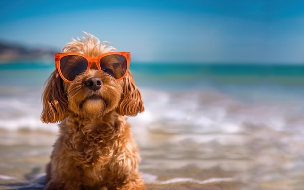 Um cachorro com óculos de sol está curtindo a ilustração gerada por Ai na praia