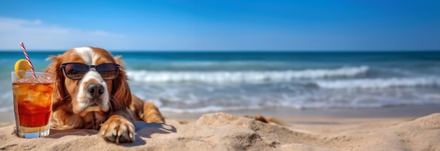 Um cachorro com óculos de sol está curtindo a ilustração gerada por Ai na praia