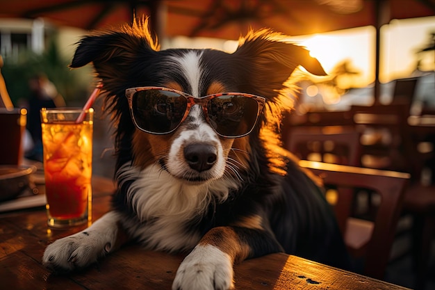 Um cachorro com óculos de sol segura uma bebida estranha em uma casca de coco completa com um canudo e lindos morangos no topo Um falso pôr do sol sobre a água pode ser visto ao fundo