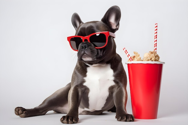 Foto um cachorro com óculos de sol sentado ao lado de uma xícara de pipoca e um canudo