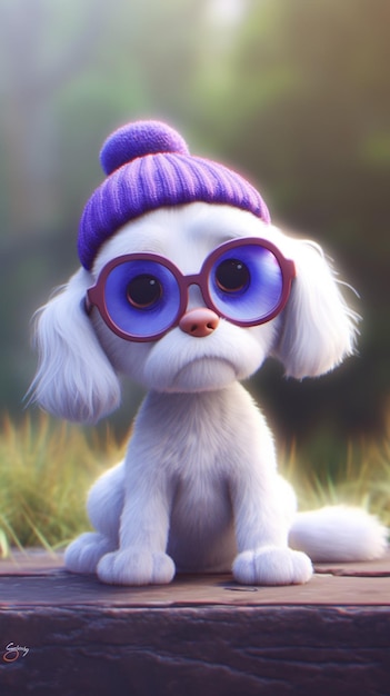 Um cachorro com óculos e um chapéu roxo