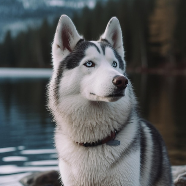 Um cachorro com olhos azuis e uma coleira que diz "alaskan" nela.