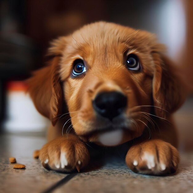 um cachorro com os olhos de cachorro à espera das suas refeições na cozinha