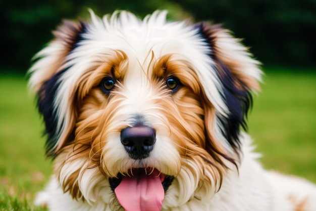 Um cachorro com pelagem marrom e branca